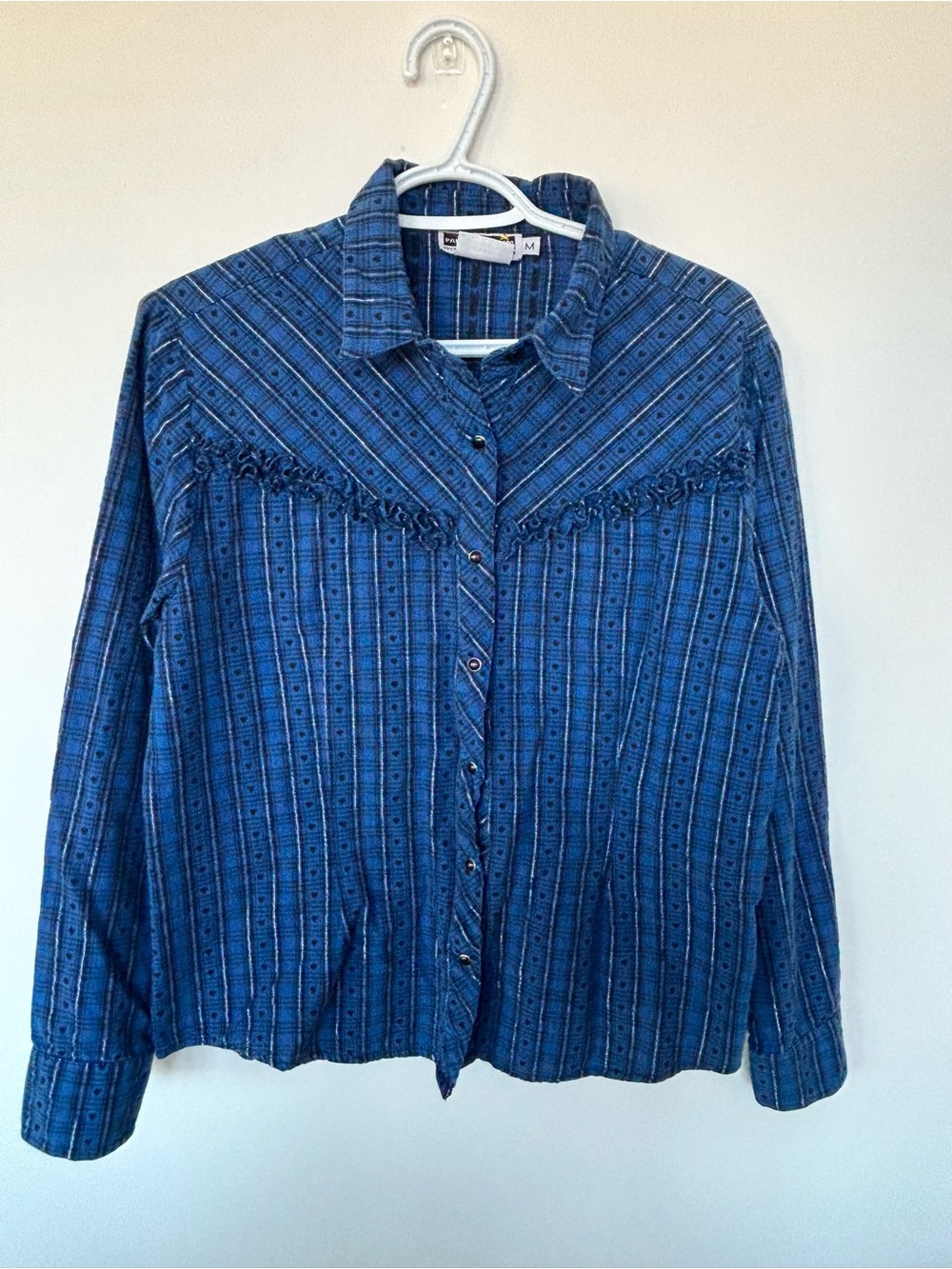 Panhandle Slim Blue Patterned Button-Down with Fringe Yoke and Silver Thread